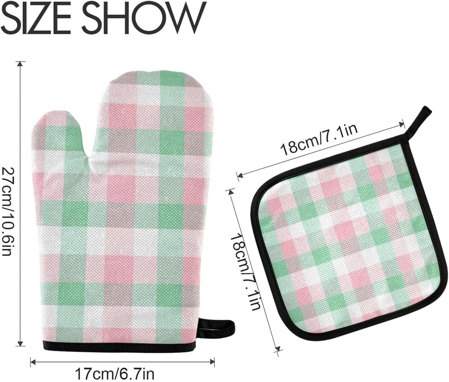 Light Pink Green Checkered Oven Mitts and Pot Holders Set for Cooking Baking Kitchen Decor