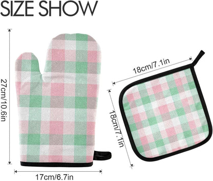 Light Pink Green Checkered Oven Mitts and Pot Holders Set for Cooking Baking Kitchen Decor