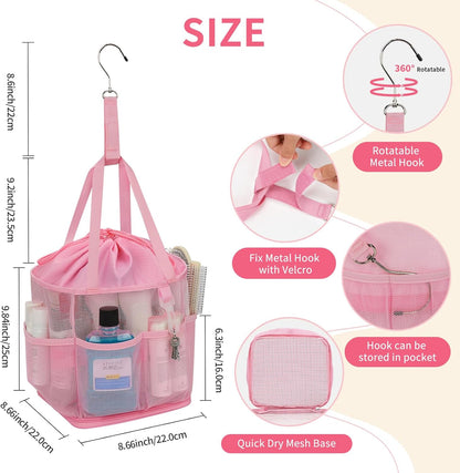 Shower Caddy Portable for College Dorm Room Essentials, Hanging Shower Caddy with Hook and Drawstring, Quick Dry Mesh Shower Bag with 6 Pockets for Bathroom, Swimming, Gym, Camping, Beach, Travel