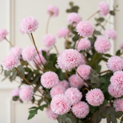 Fake Kiku Flowers for Tall Vase - 10 Silk Artificial Flowers Plus 4 Eucalyptus Branches, Realistic Chrysanthemum Ball with Stems, Spring Faux Floral for Home Decor Table Centerpieces, Pink