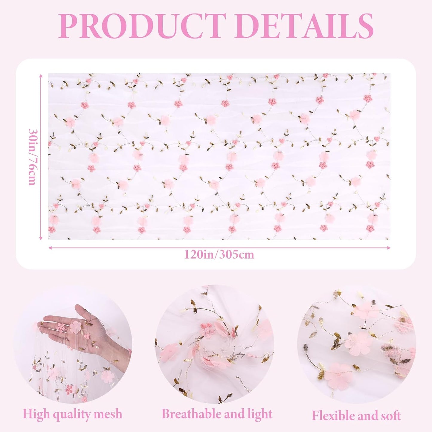 Ivory Gauze Table Runner with Blush Pink Embroidery 3D Flower 120in 10FT Seasonal Tulle Sheer Table Runners Mesh Lace Fabric Runner for Baby Shower Wedding Party Dining Table Decor DIY Craft