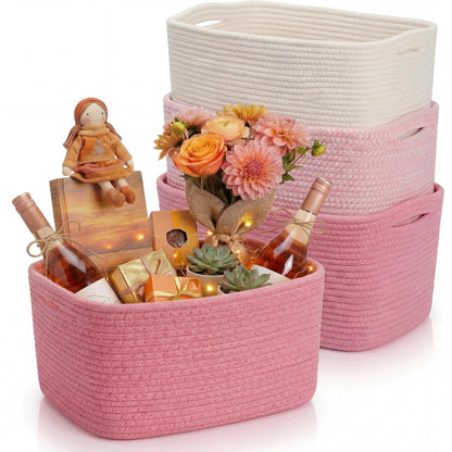Junkin 3 Pack Pink Gift Basket Empty Cotton Woven Laundry Basket 15 x 10 x 8.7 Inch Pink Storage Bin for Closet Organizing Nursery