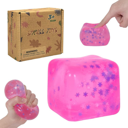 Squishy Ice Cube Fidget Toy,Large Snowflake Ice Cube Squeeze Toys, 2.76in Big Squishy Stress Cube, Soft & Durable Squeeze Toy for Boys & Girls Age 3+ and Adults (Pink)