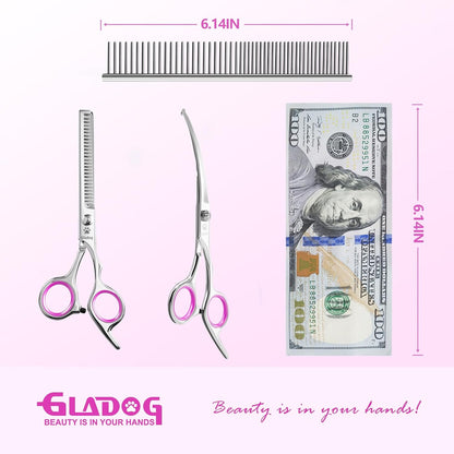 GLADOG Professional 4 in 1 Dog Grooming Scissors Set with Safety Round Tips, Sharp and Heavy-duty Pet Grooming Shears for Cats (Pink)