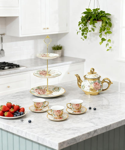 3-Tier 13.5 Inches White and Pink Cupcake Dessert Stands, Cake Snack Scones Crackers Fruit Appetizers Pastry Tiered Platters Serving Tray for Tea Party, Bridal Shower, Wedding Catered Event - Flowers