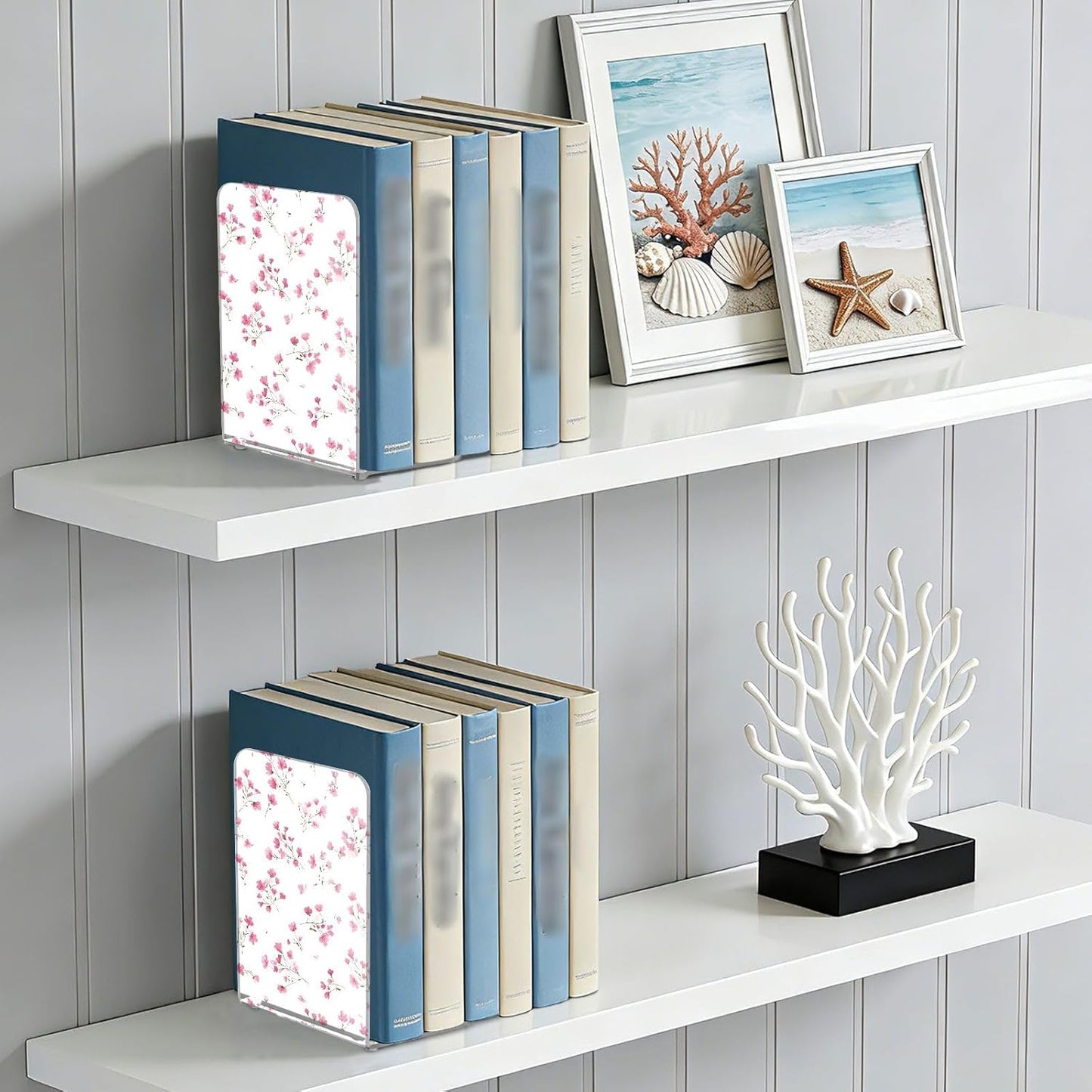 Light Pink Small Floral 2 Bookends Book Ends for Shelves Heavy Books Stopper Decorative Acrylic Non-Slip 1 Pair