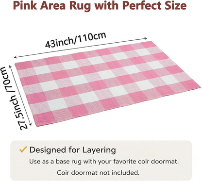 Buffalo Plaid Area Rug, Checkered Rug 27.5x43 Inches, Pink and White Rug, Washable Cotton Mat for Front Porch, Entryway, Kitchen, Living Room, Home Decor