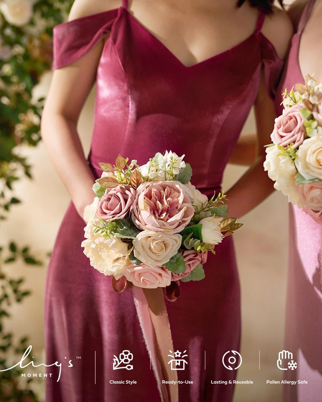 Ling's moment Dusty Rose Artificial Wedding Flower Bouquet for Bridesmaid Pink Floral Bouquet Blush Bridesmaid Bouquets with Ribbon Ceremony Anniversary,7-inch Diameter