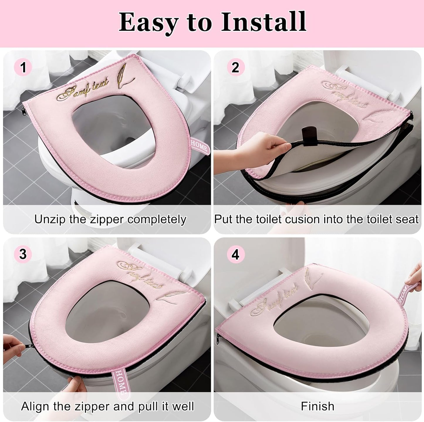 timecity Warmer Toilet Seat Pads with Zipper Pink Toilet Seat Cover with Lifter Handle Set Washable Velvet Toilet Seat Cushion Soft Thicker Toilet Seats Warmer Mat, Pink