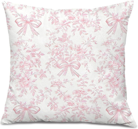 Coquette Pink Bow Chinoiserie Floral Pillow Cover 18x18, Grandmillennial Home Decor, Vintage Pink Toile Flower Grandmillennial Decorative Throw Pillow Cover for Home Bedroom Living Room