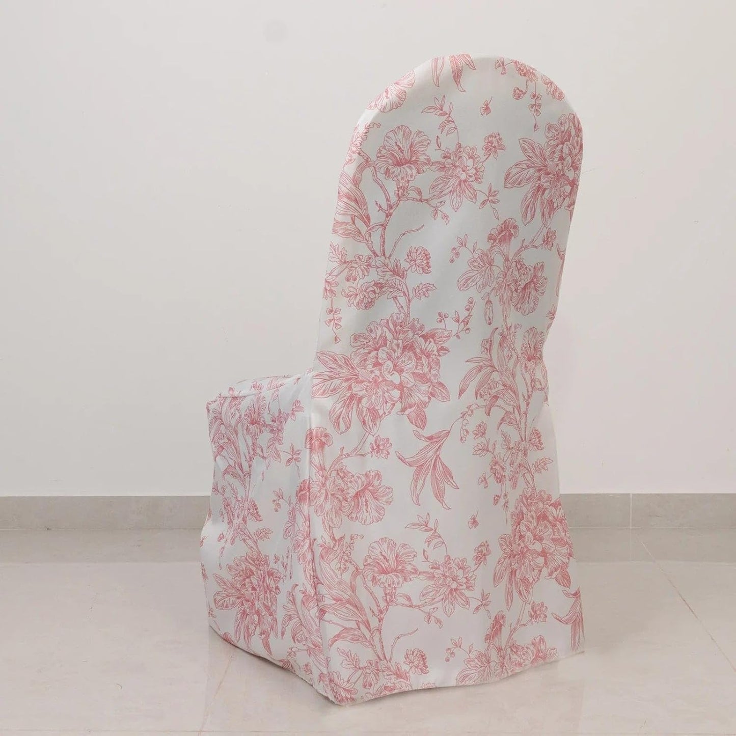 Balsa Circle 10 White and Pink Floral French Toile Polyester Banquet Chair Covers Wedding Linens Party Dining Reception Decorations Supplies