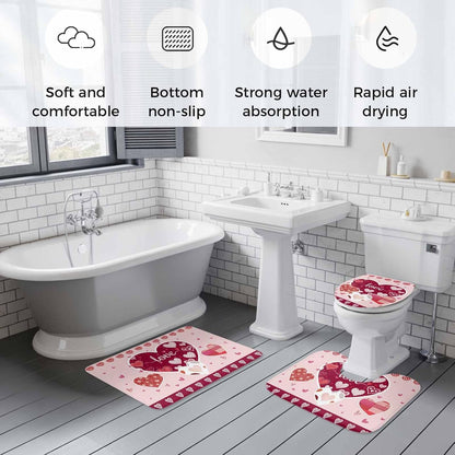Light Pink Valentines Day Bathroom Rugs Mat Sets 3 Piece, Love Hearts Romantic Farmhouse Bath Shower Rugs with U-Shaped Contour Toilet Mat, Large Absorbent Bathtub Runner Rugs Floor Mats