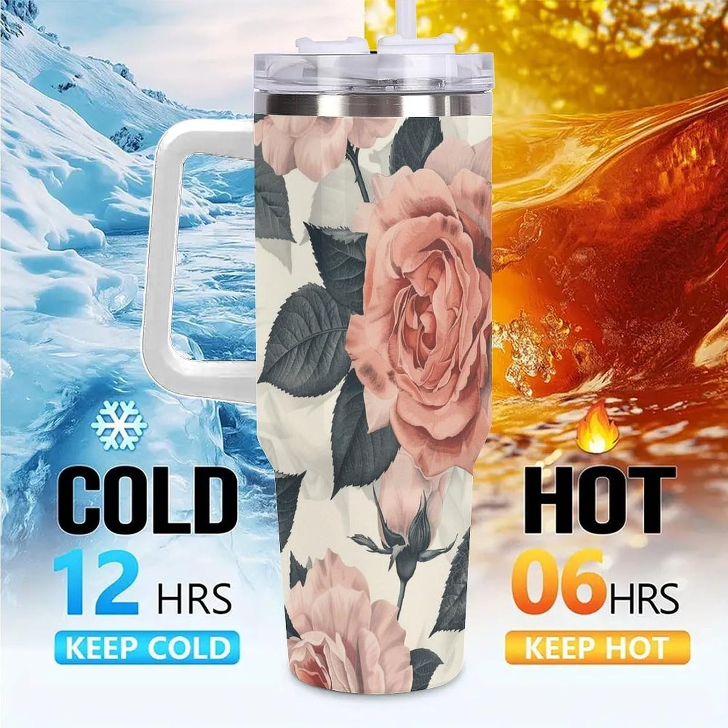 40oz Tumbler with Handle, Peach And White Rose Pattern Printed Stainless Steel Travel Mug, Insulated Car Cup with Straw, Keeps Drinks Hot & Cold, Personalized Gift for Women & Men