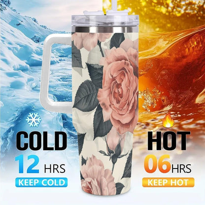 40oz Tumbler with Handle, Peach And White Rose Pattern Printed Stainless Steel Travel Mug, Insulated Car Cup with Straw, Keeps Drinks Hot & Cold, Personalized Gift for Women & Men