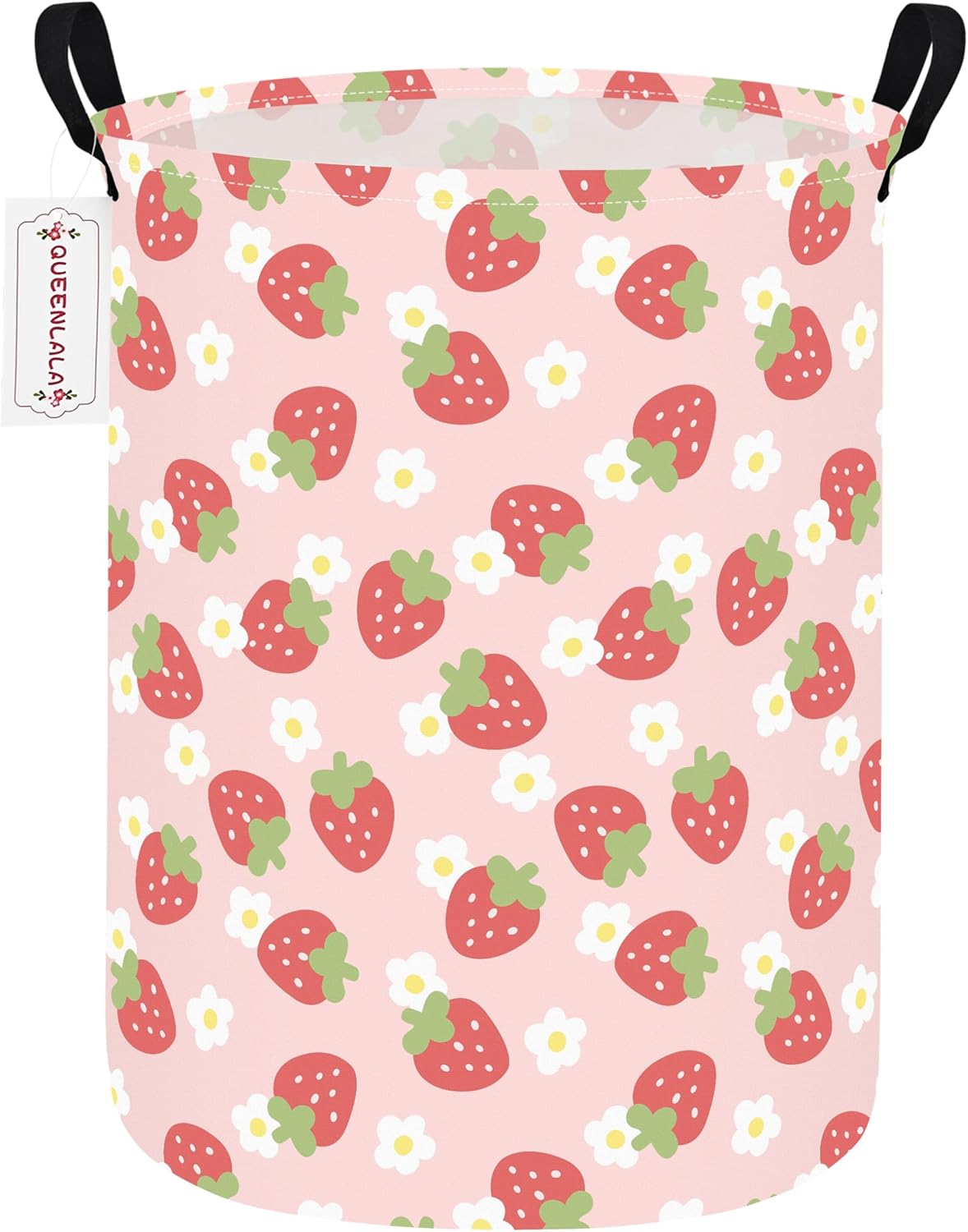 Round Waterproof laundry basket, Laundry Hamper for Nursery, Kids Toy Box Storage for Girls Boys, Diaper or plush toy gift basket, Foldable Fabric Basket(Round-Pink Strawberry)
