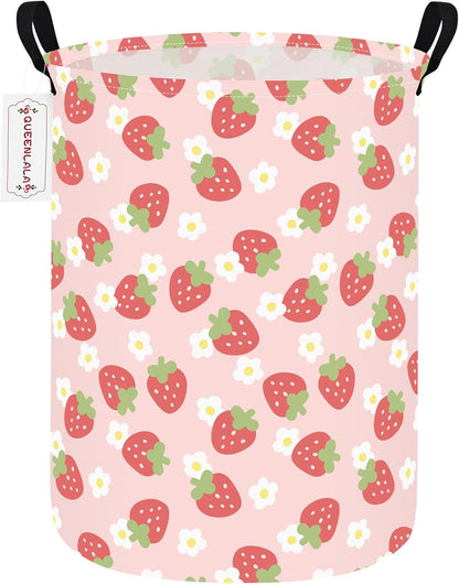 Round Waterproof laundry basket, Laundry Hamper for Nursery, Kids Toy Box Storage for Girls Boys, Diaper or plush toy gift basket, Foldable Fabric Basket(Round-Pink Strawberry)