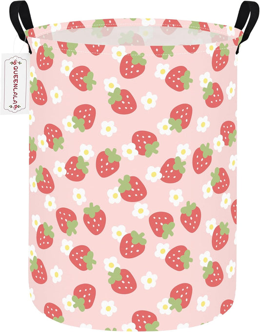 Round Waterproof laundry basket, Laundry Hamper for Nursery, Kids Toy Box Storage for Girls Boys, Diaper or plush toy gift basket, Foldable Fabric Basket(Round-Pink Strawberry)