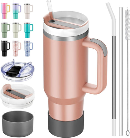 TEAMVV 40 oz Tumbler with Handle and Straw Lid,Insulated Cup Reusable 304 Stainless Steel Water Bottle Travel Mug Cupholder Friendly for Coffee,Smoothie or Water,Iced Tea(Light Pink)