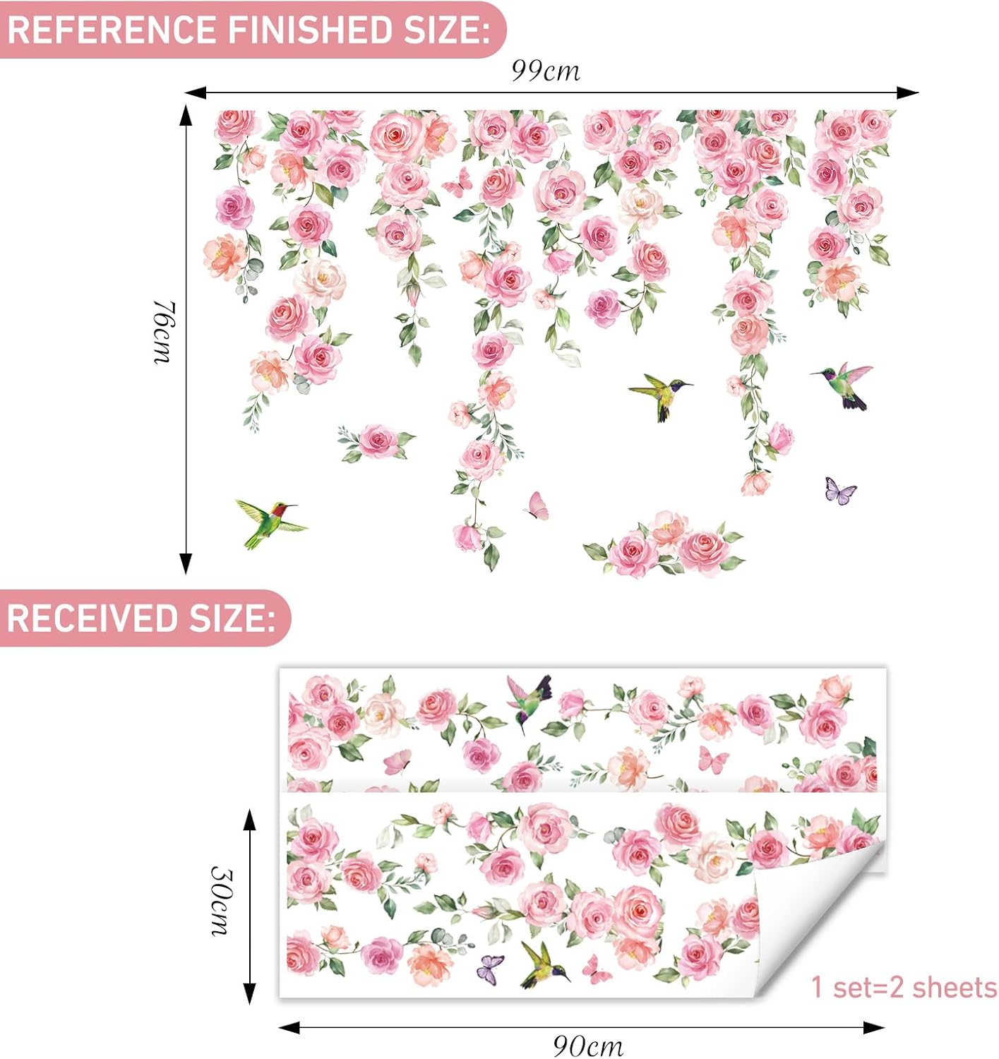 SHUCHING Pink Flowers Wall Decal Peel and Stick, Vinyl Hanging Vine Floral Wall Sticker, Wall Decor Art for Girls Bedroom Living Room
