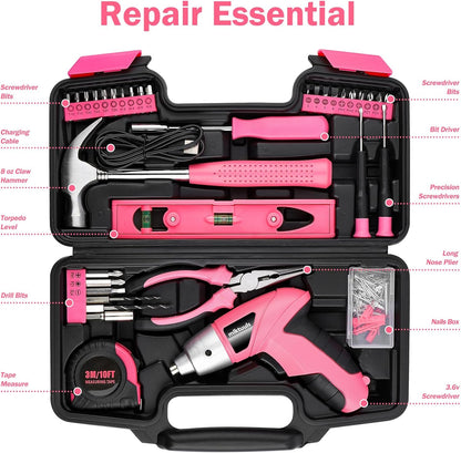 Electric Screwdriver Tool Set 112PCS, Home Tool Kit with 3.6V Small Power Cordless Screwdriver for Women, Pink