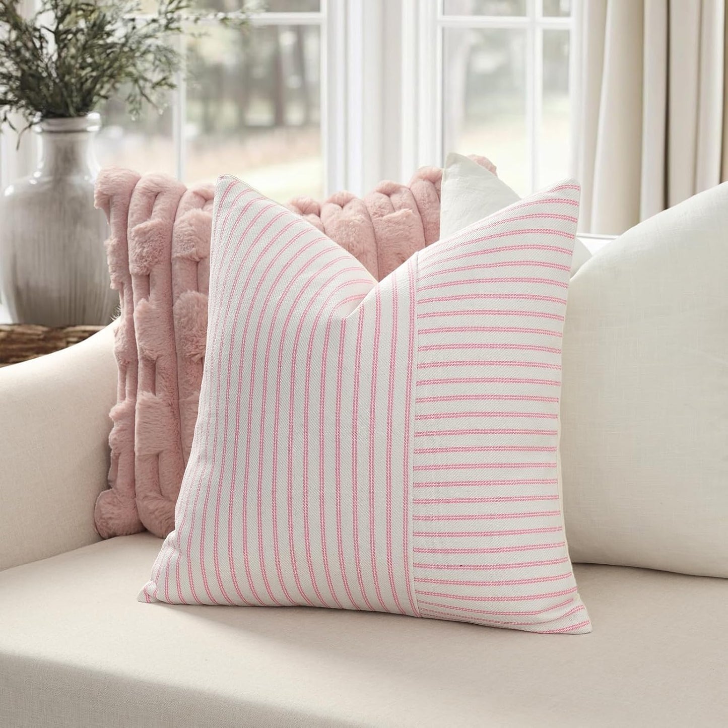 YCOLL Valentines Pillow Covers 22x22, Modern Accent Square Throw Pillow Covers Set of 2, Pink and Beige Striped Patchwork Linen Decorative Cushion Covers for Couch Chair Bedroom Home Decor