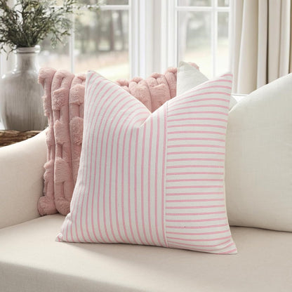 YCOLL Valentines Pillow Covers 22x22, Modern Accent Square Throw Pillow Covers Set of 2, Pink and Beige Striped Patchwork Linen Decorative Cushion Covers for Couch Chair Bedroom Home Decor
