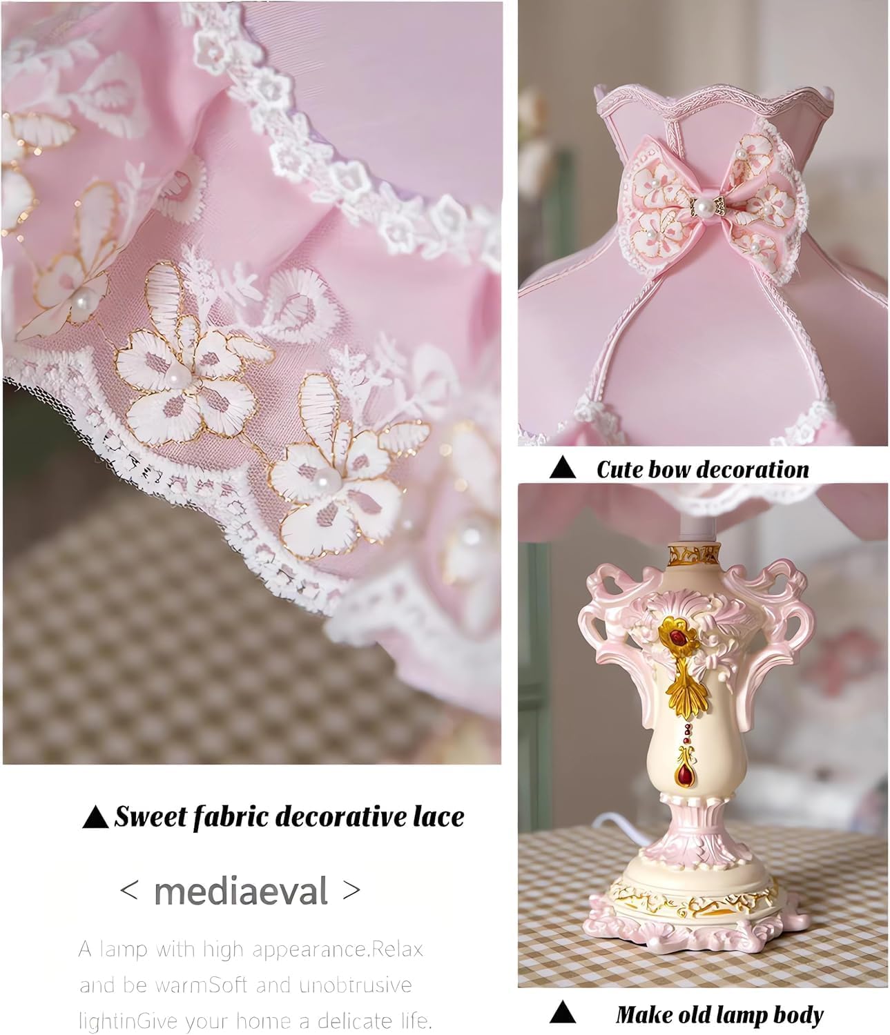 Pink Princess Table Lamp, Victorian Lace Bow Bedside Lamp with Soft Light, Resin Base Desk Lamp for Bedroom Vanity Nursery