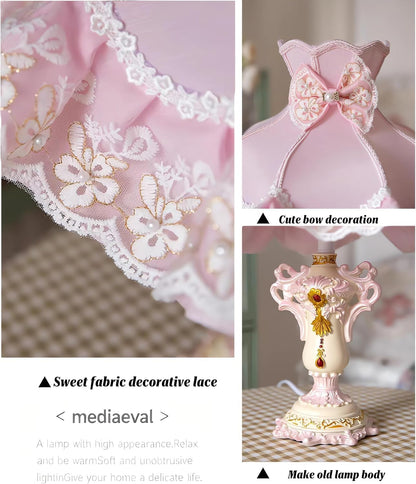Pink Princess Table Lamp, Victorian Lace Bow Bedside Lamp with Soft Light, Resin Base Desk Lamp for Bedroom Vanity Nursery