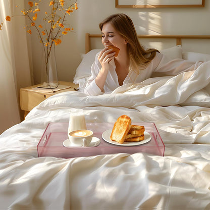 MAONAME Pink Clear Serving Tray with Handles, Plastic Clear Tray, Rectangle Decorative Trays for Coffee Table, Ottoman, Bathroom, Vanity, 15.7" Lx 10.2" W X 1.57" H