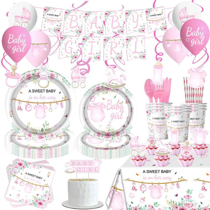 141Pcs Pink Baby Shower Decorations, Sweet Girl Tableware Set , Girls Gender Reveal Party Decorations Supplies