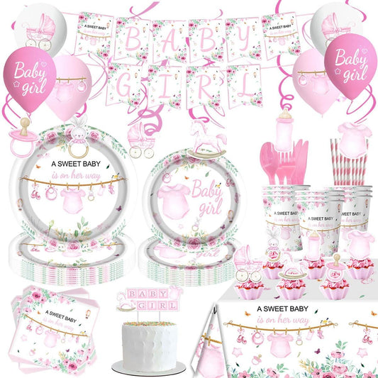 141Pcs Pink Baby Shower Decorations, Sweet Girl Tableware Set , Girls Gender Reveal Party Decorations Supplies
