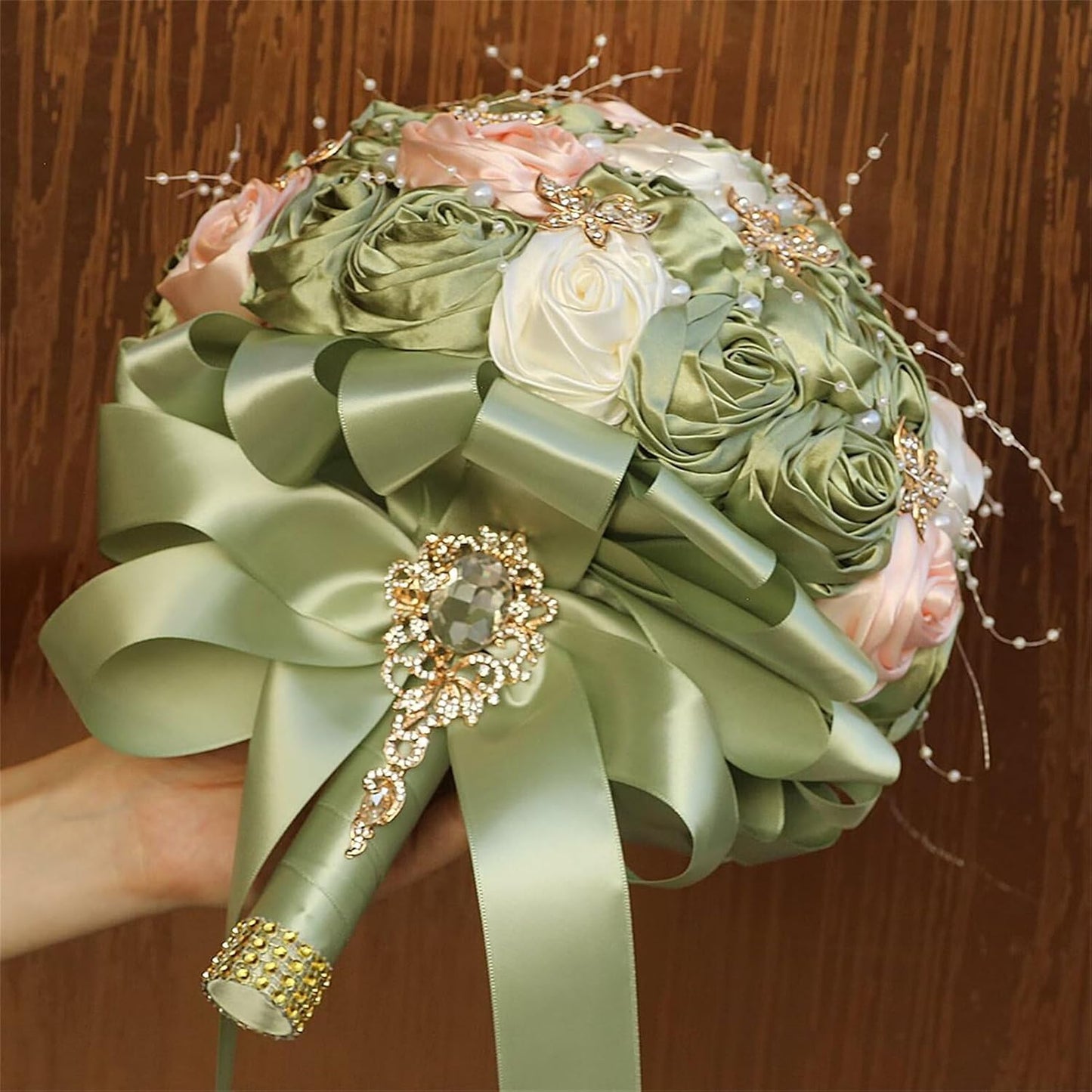 Handmade Rhinestone Bridal Bouquet for Wedding Round Tossing Bouquet Artificial Flower Bunch for Bride Bridesmaid (Sage+Ivory+Peach Pink, Small (Dia. 7.5"/18cm))