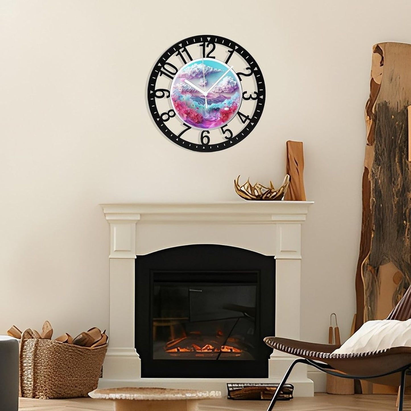 Metal Wall Clock for Living Room -10" Cloud Mountains Ocean Pink Coral Silent Non Ticking,Battery Operated, Antique Wood Clocks for Farmhouse,Dining Room,Bedroom,Kitchen Clock Wall Decor- Arabic Numer