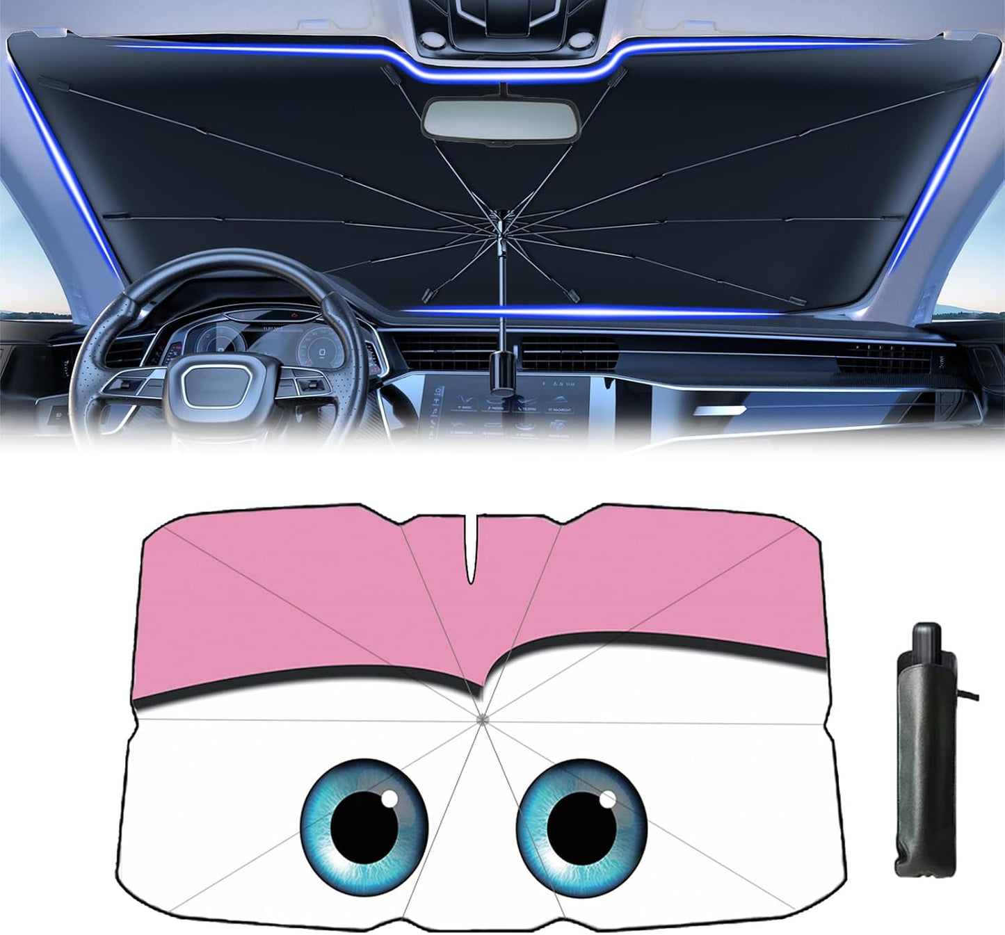 Windshield Sun Shade 2025 Car Accessories 100% Blackout Car Front Windsow Shades Umbrella Automotive Sun Visor Block Heat Insulation Protection (Pink Eyes)
