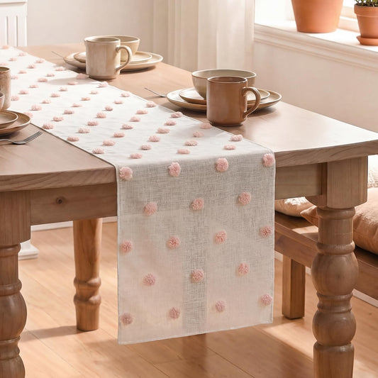 Artoid Mode Pink Pom Pom Tulle Table Runner, Seasonal Washable Kitchen Dining Table Decoration for Home Party Decor 12x72 Inch