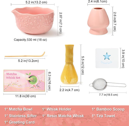 6pcs Matcha Whisk Set Includes Resin Matcha Whisk,Ceramic Matcha Bowl Set and Sifter,Matcha Whisks Holder,Natural Bamboo Spoon and Tea Towel for Matcha Starter Kit Lovers (Pink)