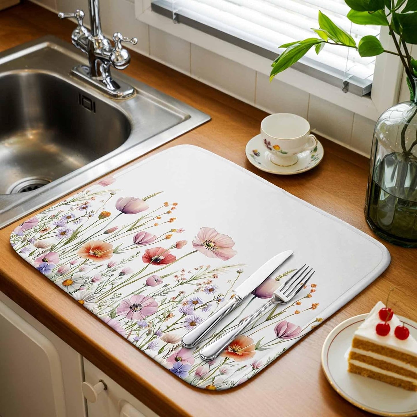 Light Pink Dish Drying Mat 1 Pack, Floral Rustic Wildflower Leaf Spring Blossom Absorbent Heat Insulating Kitchen Drying Pad Drainer Mats for Sink Counter Dishes 18 X 24 Inch