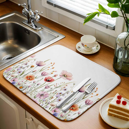 Light Pink Dish Drying Mat 1 Pack, Floral Rustic Wildflower Leaf Spring Blossom Absorbent Heat Insulating Kitchen Drying Pad Drainer Mats for Sink Counter Dishes 18 X 24 Inch