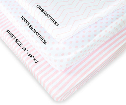 NODNAL CO. 3 Fitted Crib Sheets Pink Set for Baby Girl - 100% Oeko-TEX Cotton Nursery Bedding - Pink/White Chevron, Polka Dot, and Stripe - for Standard Baby or Toddler Crib Mattress 28”x52”x9” Sheet