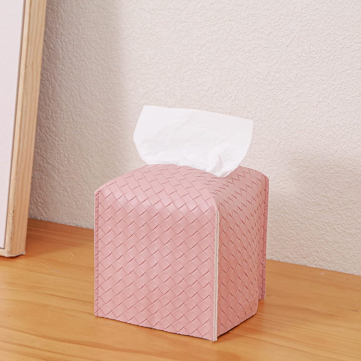 Tissue Box Cover PU Leather Tissue Holder Square Facial Tissue Case Facial Paper Organizer Dispenser for Bathroom, Vanity Countertop, Tabletop, Car, Pink