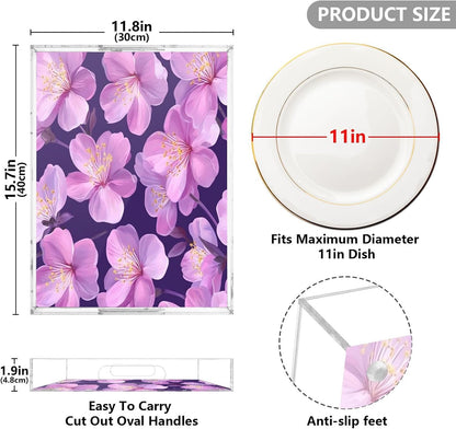 Peach Flowers Acrylic Serving Tray with Handles,Clear Serving Tray Decorative Organiser for Ottoman, Kitchen, Bedroom Decorative 12x16 Inches