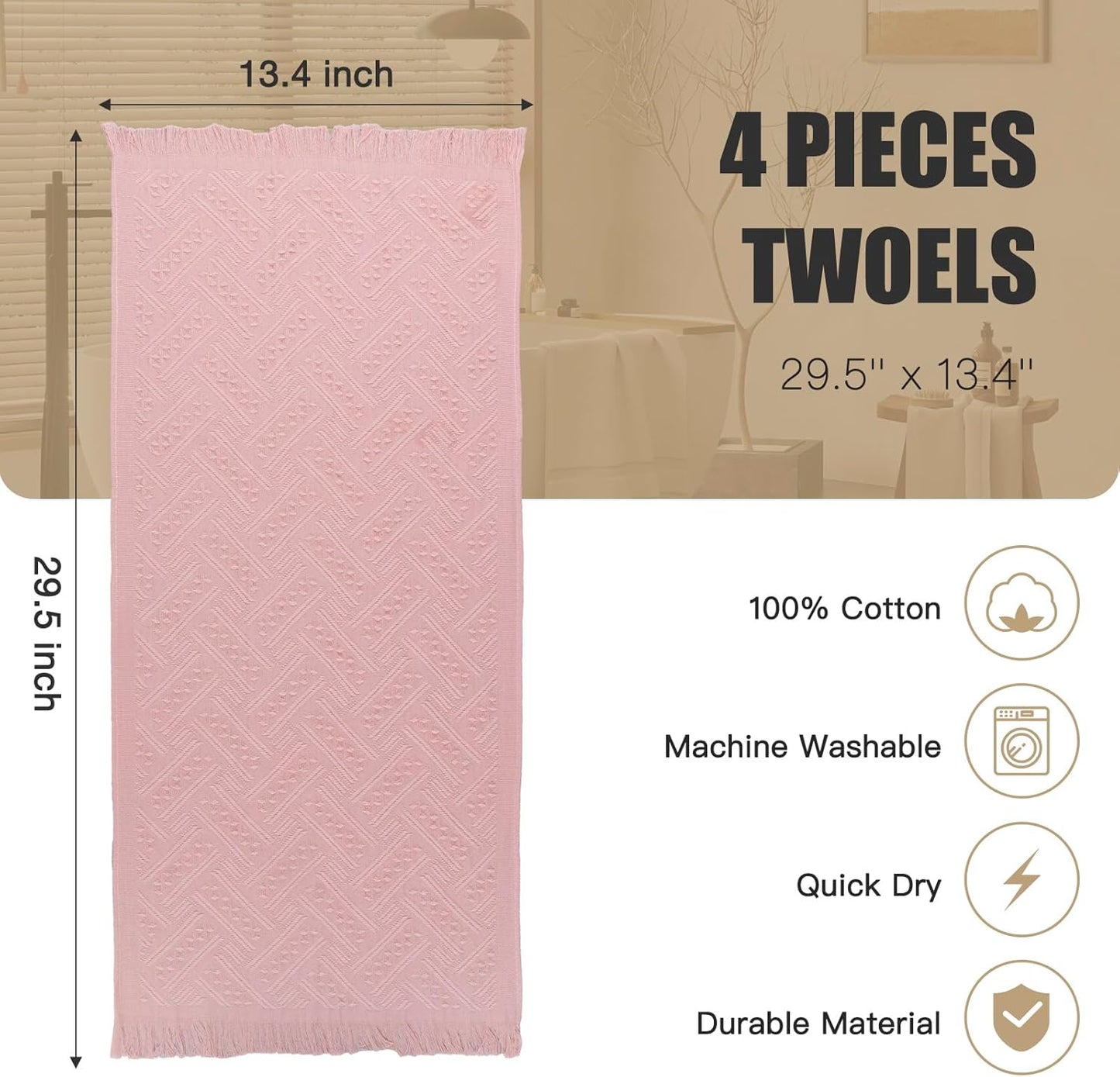 Boho Bathroom Decor Hand Towel 4 Pack 100% Turkish Cotton 14 x 30 Inch Boho Kitchen Hand Towel Guest Tea Gift (Pink)