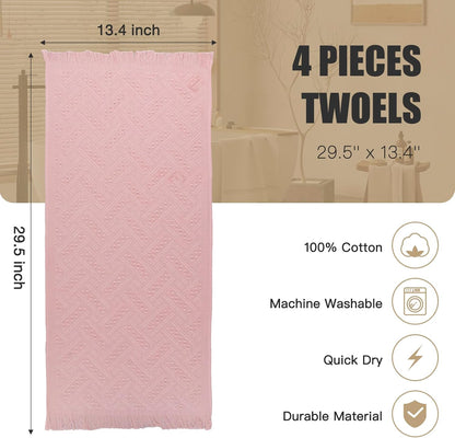 Boho Bathroom Decor Hand Towel 4 Pack 100% Turkish Cotton 14 x 30 Inch Boho Kitchen Hand Towel Guest Tea Gift (Pink)