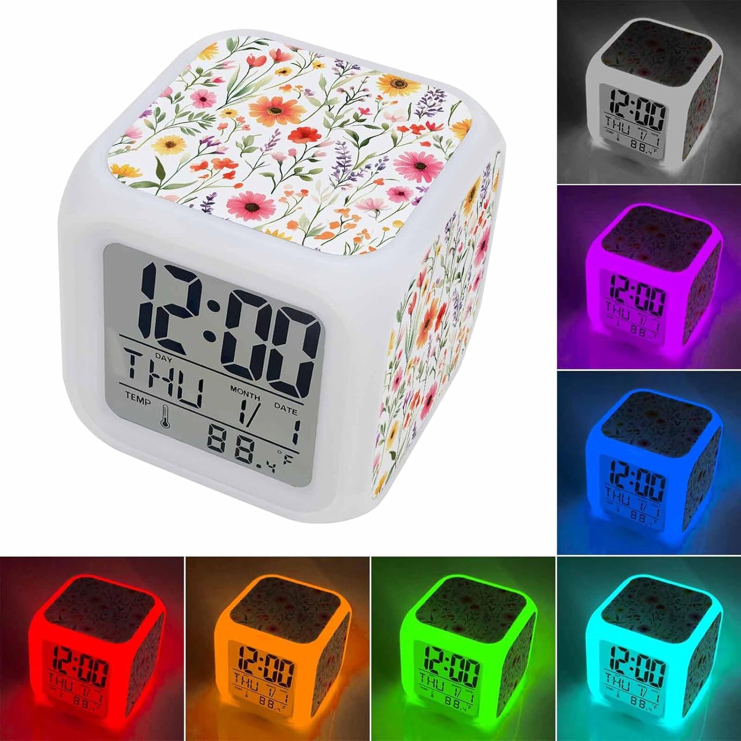 Spring Floral Alarm Clock, Pink Yellow Wildflowers Watercolor Botanical Digital Clock Night Light with 7 Color, Calendar Temperature Display, NightLight Clock for Bedroom, 3.2x3.2in