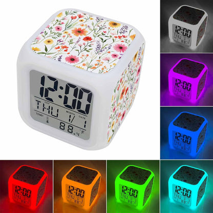 Spring Floral Alarm Clock, Pink Yellow Wildflowers Watercolor Botanical Digital Clock Night Light with 7 Color, Calendar Temperature Display, NightLight Clock for Bedroom, 3.2x3.2in