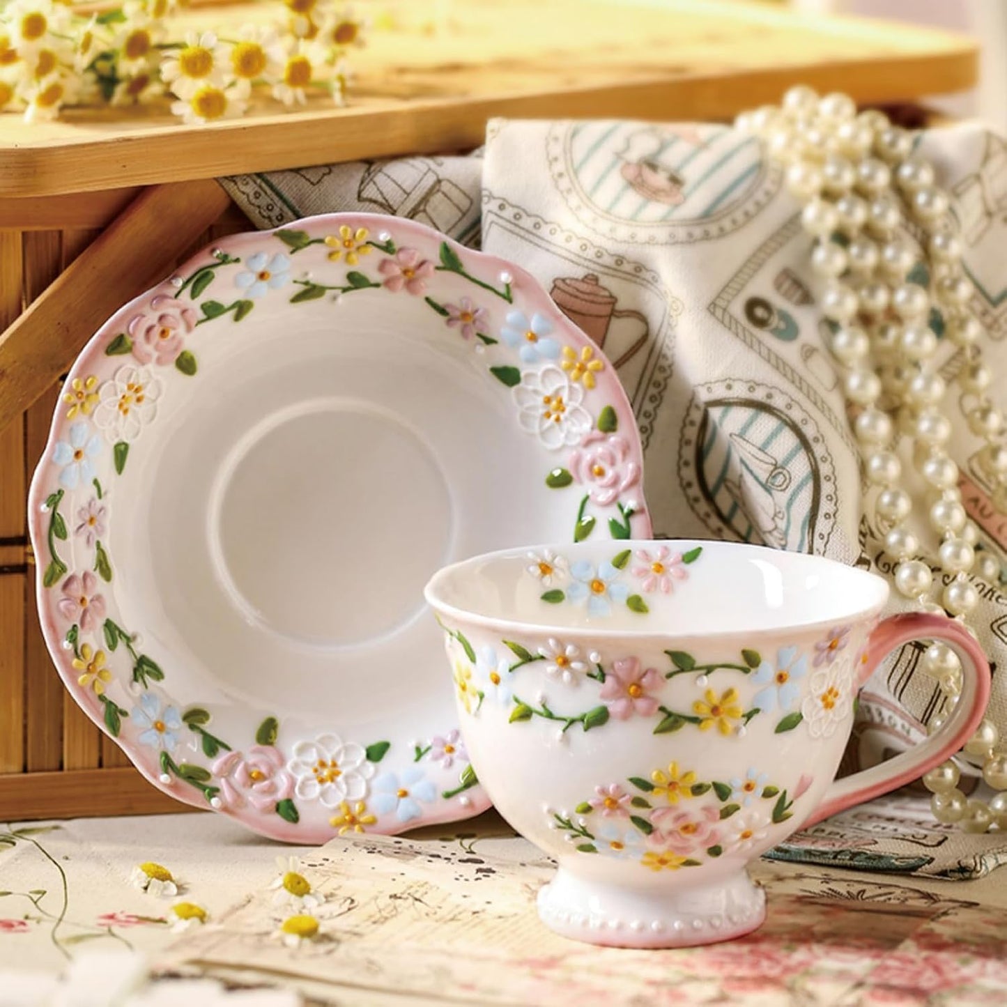 Handmade Ceramic Cup and Saucer Set, 7 Oz Flower Bone China Cappuccino & Tea & Latte Coffee Cup For Women Tea Party & Christmas & Mother's Day(1 Set, Pink)