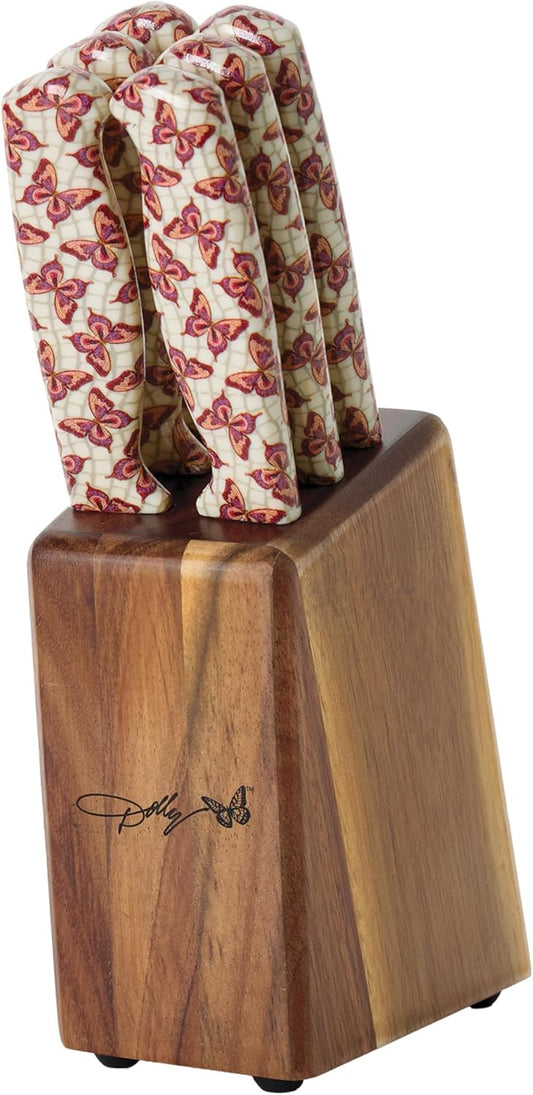 Dolly Parton 7-Piece Steak Knife Set with Pink Handles and Acacia Block for Storage