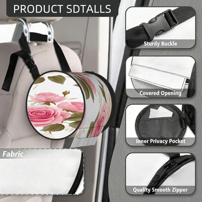 Oxford Cylinder Tissue Holder, Round Tissue Container Pink White Rose Flower - 6.3''X6.3'' Portable Toilet Paper Roll Cover Tissue Box for Home Car Camping Office Travel