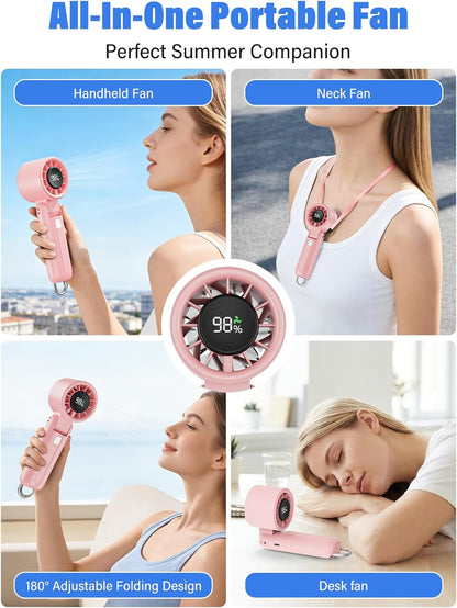 Handheld Turbo Fan, 100-Speed Portable Mini Fan with 12800 RPM Strong Airflow, Foldable 4-in-1 Personal Fan for Travel, Camping, Beach & Office, USB-C Rechargeable, Lightweight & Quiet (Pink)