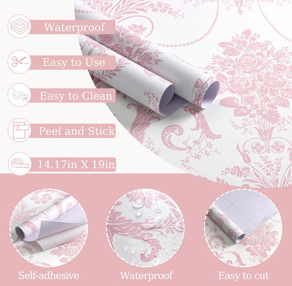 EchoSphere 17.3" X 118" Damask Floral Peel and Stick Wallpaper Boho Pink and White Contact Paper Damascus Decorative Wallpaper DIY Removable Self Adhesive Wall Paper for Bedroom Cabinets Covering